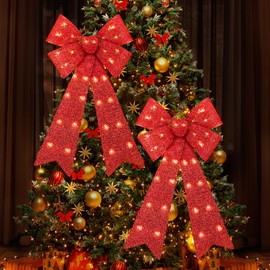 ANVAVO 2 Pieces LED Christmas Bow Christmas Tree Topper Bow Prelit Christmas Bows Decorations with Lights 35"x18" Large Xmas LED Lights Bow Battery Powered Christmas Bows for Wreath Garland, Red