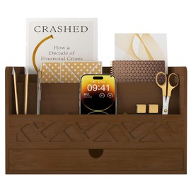 Bamboo Mail Organizer Countertop Desktop with Drawer - Desk Organizer with File Organizer for Office Supplies Storage All-in-One Desk File Organizer with Pencil Holder (Walnut)