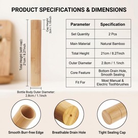2 Pcs Travel Bamboo Toothbrush Case with Breathable Drain Hole
