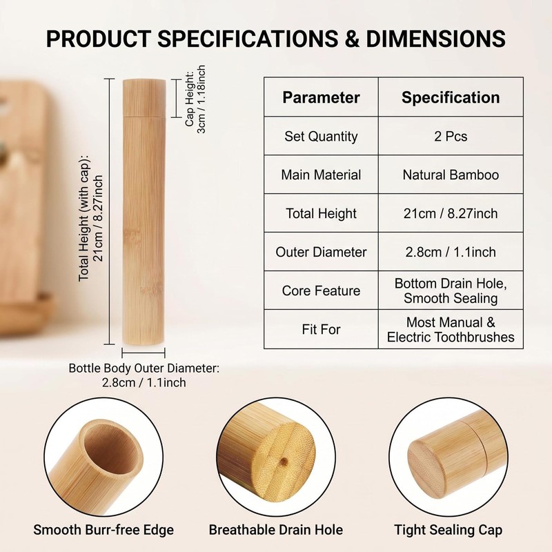 2 Pcs Travel Bamboo Toothbrush Case with Breathable Drain Hole