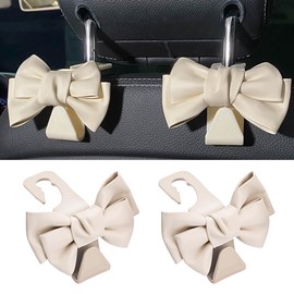 Tioollev 2 PCS Car Seat Headrest Hooks, Cute Bow Shaped Vehicle Backseat Storage Hooks, Leather Bow Shaped Sturdy Car Seat Back Hook for Purses/Coats (White)