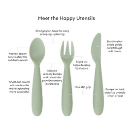 ezpz Happy Utensils - 24 Months+ (Sage) - BPA Free Toddler Utensils - Fork, Spoon and Knife for Toddlers and Preschoolers - Kids Utensils for Self-Feeding Development
