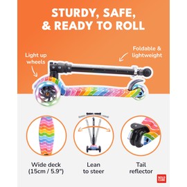 BOLDCUBE Big Fold | Three Wheel Scooter for Children Ages 5-10 Years | LED Wheels with Flashing Lights | Height Adjustable 65 to 89 cm | Rear Reflectors