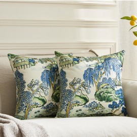 BLESFEST Pack of 2, Chinoiserie Pillow Cover 20 x 20 Inch Asian Scenic Blue and Green Throw Pillow Covers Linen Farmhouse Tree Pillow Case Cushion Covers for Sofa Couch Living Room