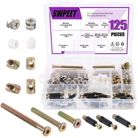 125Pcs 3 in 1 Furniture Crib Hardware Screws Connecting Fittings Kit, Cam Fitting with Dowel 3-in-1 Hardware Connectors Furniture Side Connecting Pre-Inserted Nut Screw Eccentric Wheel