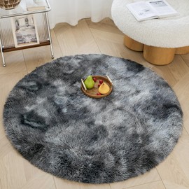OMERAI Living Room Rug Round Tie Dye Rug Large Anti Slip Rug Fluffy Rugs Faux Fur Rug for Bedroom Kids Rooms Decor Plush Shaggy Area Rugs (Dark Grey,120cm Round)