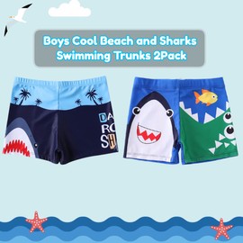 PythJooh 2Pack Little Boys Swimming Trunks Kids Cartoon Shark Dinosaur Summer Beach Pool Swimming Shorts Swimwear for 1-9Years