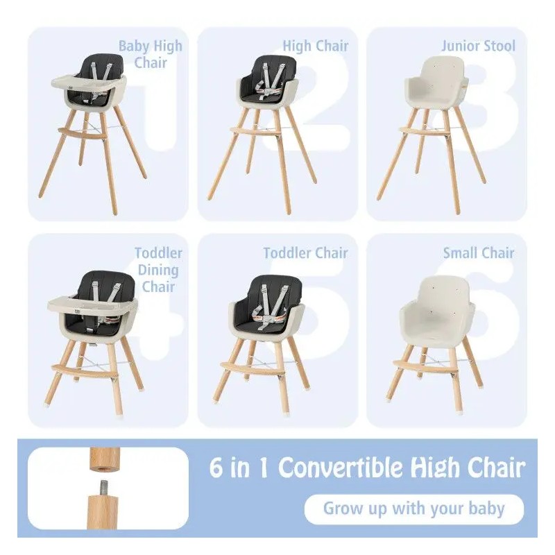 3-in-1 Convertible Wooden High Chair for Kids with Cushioned Seat