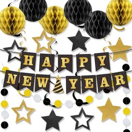 New Year's Eve Party Supplies 2026 - Happy New Year Banner, Balloons, Star Foil Streamers and Dot Garlant with Black Gold Honeycomb Ball Backdrop for 2026 New Year Decorations