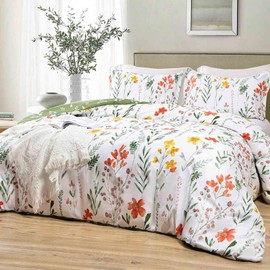 Nanko Floral Comforter Set King Size, 3pc Farmhouse Green Leaves Yellow Flowers Botanical Pattern Printed Microfiber Bedding Comforter Set, All Season Soft & Lightweight Comforter for Women 104"x90"