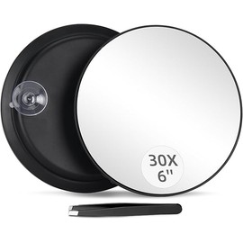 Round 30X Magnifying Mirror, 6inch Magnified Mirror with 3 Suction Cups, Compact Magnifying Mirror and Tweezers, 30X Travel Magnification Mirror for Makeup,Shaving,Blackhead Blemish Removal(Black 30X)