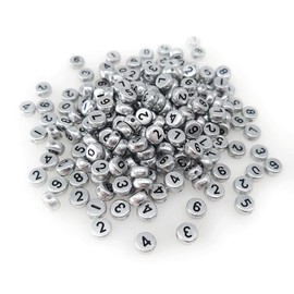 200pcs 4x7mm Silver Round Acrylic Number Letter Beads 0-9 Mixed Plastic Shape Loose Beads for Jewelry Making Bracelets Necklaces Keychains (Black on Silver)