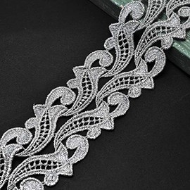 Joyce Trimming Lace Trim LP-MX-1316 - Adorno metálico de Encaje para Novia, Disfraz o Joyas, Manualidades y Costura de 7,6 cm, Silver / 2-Yards