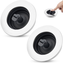 Hygie Rinse 2PACKS Kitchen Drain Strainer 3 in 1 Pop-up Sink Drain Stopper, Chrome Stainless-Wraped Shell with Foldable Rod for US Standard 3-1/2 inch Drain Filter, Anti Clog