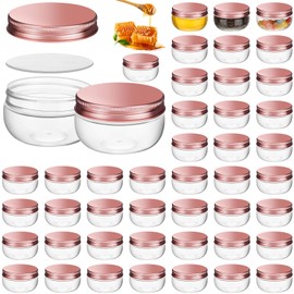 Suclain 50 Pcs 3 oz Mini Wide Mouth Plastic Mason Jars with Aluminum Lids Clear Small Canning Jars for Jelly, Jams, Spice, Wedding Favors, Shower Favors for Kitchen Storage(Rose Gold)