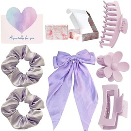 Caja de regalo de accesorios para el cabello: 3pc clips de agarre: 1 clip de tiburón, 1 clip cuadrado, 1 clip de flor, 1pc gran arco aleteo clip de pelo, 2pc gran intestino banda de pelo. Hermoso conjunto de caja de regalo para regalar, Día de San Valent