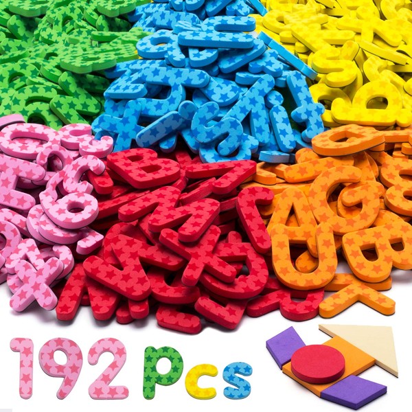 192 Pcs Magnetic Letters Numbers 9 Color(With Pattern Blocks,Symbols) Foam Set, Alphabet Magnets Gift for Preschool Kids Children Toddler Educational Fridge Refrigerator Toy, Classroom School Learning