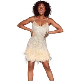 MIMIKRY Tina Turner Fringe Dress Gold with Feathers Disco Outfit 70s Women's Costume 20s Charleston Mini Dress, Size: M