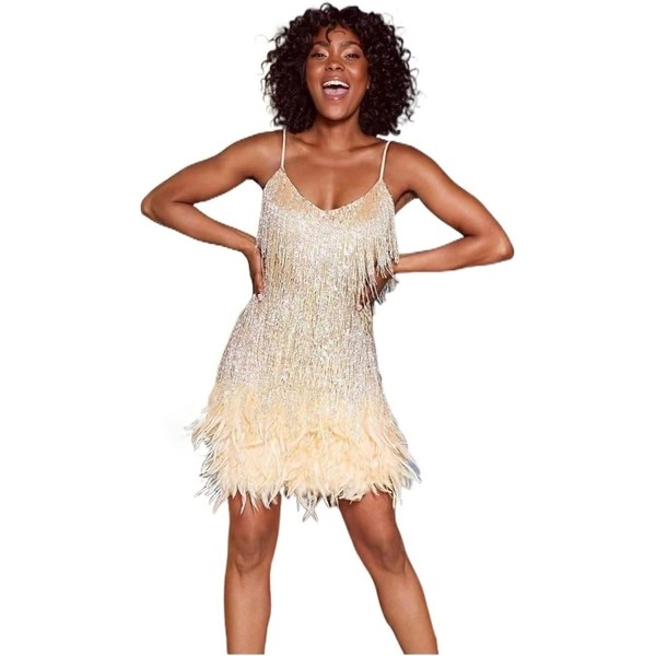MIMIKRY Tina Turner Fringe Dress Gold with Feathers Disco Outfit
