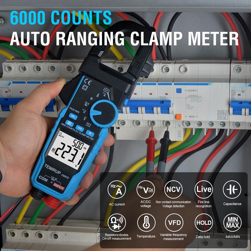 Digital Clamp Meter Multimeter - TEMIRUP Auto-ranging 6000 Counts Amp