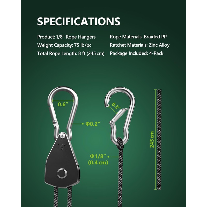 STAYGROW 4-Pack 1/8" Adjustable Rope Hanger, Heavy Duty Ratchet Tie