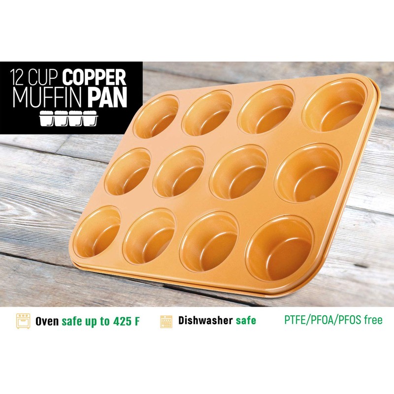 LavoHome Copper Ceramic Nonstick Solid Aluminum Muffin Pan for 12