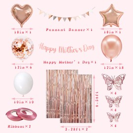Ouksma Rose Gold Mother's Day Party Decoration Kit Mother's Day Celebration Kit with Banners, Butterfly Wall Decor, Assorted Balloons and Shimmering Curtain (Style 2)