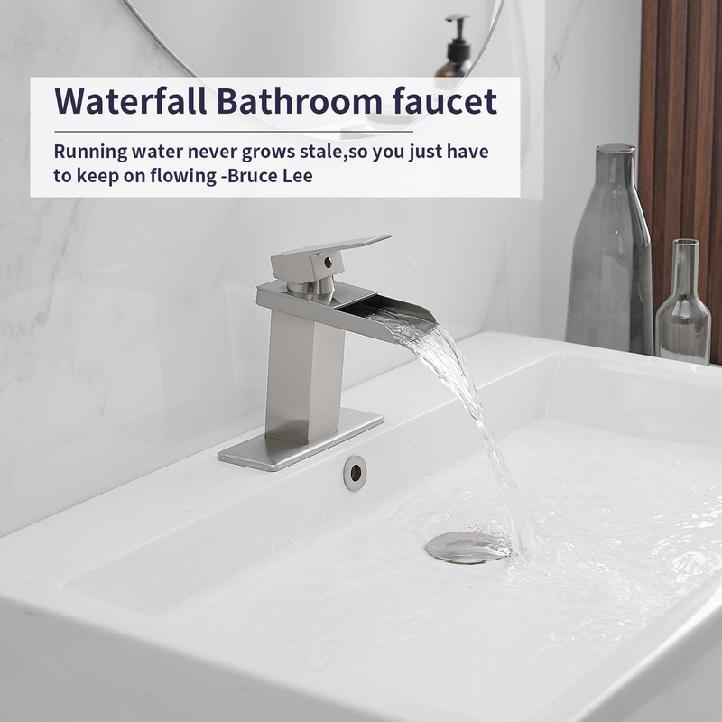BWE Waterfall Bathroom Faucet Brushed Nickel with Pop Up Drain