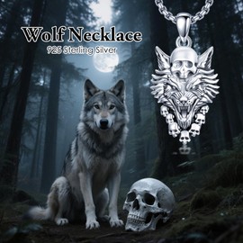 SIMONLY Wolf Necklace 925 Sterling Silver Skull Pendant Witcher Necklace Therian Fenrir Norse Pagan Jewelry Christmas Birthday Gifts for Men Women Unisex