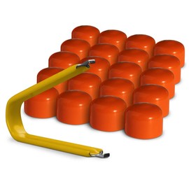 Automotivated Aftermarket ColorLugs Vinyl BoltCap Cover | Orange | Flexible Fit Bolt Lug Nut Cap | Fits 19 mm | Pack of 25 | Includes Deluxe Extractor | Made in The USA