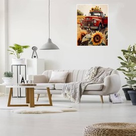 HMDIIMGE Diamond Painting Kits, Sunflower Red Truck Diamond Painting, Beginner 5D Round Diamond Paste Craft Digital Painting for Room Decor Wall Decor or Gifts 12x16 inch