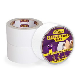 ATack Double Sided Clear Tape, 2-Inch x 20 Yards (3-Pack, 180ft Total) 2 Sided Clear Heavy Duty Picture Mounting Tape Double Sided Tape for Gift Wrapping Photo Safe Tape Clear Adhesive Tape