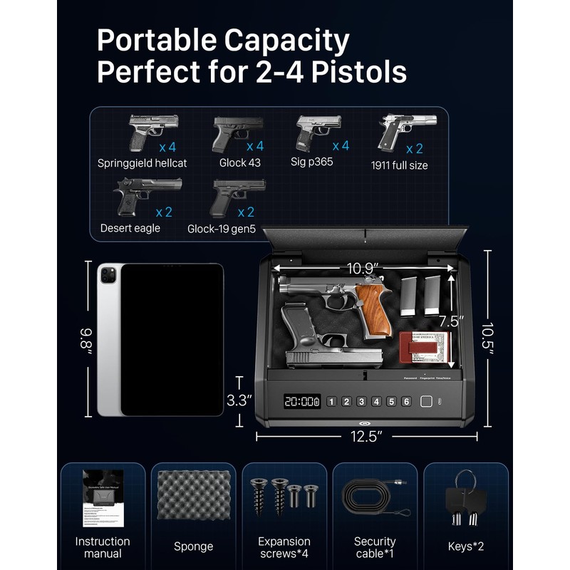 Rechargeable Gun Safe for Pistols 3-Ways unlock Biometric Fingerprint Digital