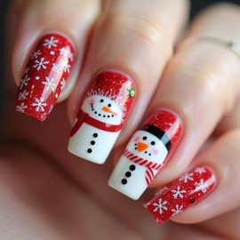 Christmas Press on Nails Red Medium Square Fake Nails with Snowman Design Snowflake Glue on Nails Glitter Stick on Nail Glossy Reusable Winter Xmas False Nail for Women Girls Holiday Manicure 24pcs