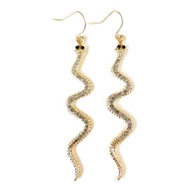 Gold snake earrings asp cleopatra toga serpent dangle 3 3/8 inches long lightweight gold crystal snake earrings