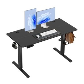 Hexago 55 x 24 Inch Electric Standing Desk, Height Adjustable Sit Stand Desk with Splice Board, 3 Memory Presets, Dual Hooks, T-Leg Frame–Black