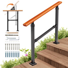 UOKRR Metal Handrail Wood Grain for Elderly, 3 Step Hand Rails for Outdoor Steps, Outdoor Indoor Stair Handrails Kit, Porch Hand Rails for Concrete Steps