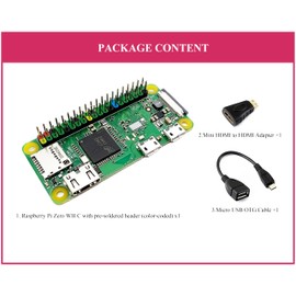 Pi Zero WH Package Comes with RaspberryPi Zero W with 40PIN Color-Coded Pre-Soldered GPIO Headers +Mini HDMI to HDMI Adapter +Micro USB OTG Cable, Built-in WiFi and Bluetooth