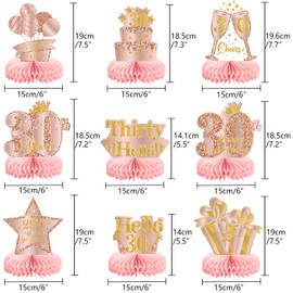 Voxisroma Pack of 9 30th Birthday Decoration, Decoration 30th Birthday Women, Rose Gold Pink Honeycomb Centrepiece Table Decoration Birthday, 30th Birthday Party Decoration Supplies, Gifts for Women