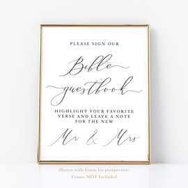 Bible Guestbook Sign for Wedding | (1) 8x10 White with black caligraphy on Thick Cardstock Paper | Please Sign Our Bible Highlight Your Favorite Verse And Leave a Message For Bride and Groom Sign for