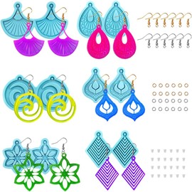 AIFUDA 6 Juego de Moldes de Resina para Aretes, Kit de Fabricación de Joyería de Resina y Silicona con Moldes de Resina Epóxica, Incluye Ganchos de Arete y Cerraduras de Arete de Resorte