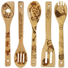 Wooden Spoons for Cooking,5 PCS Premium Cartoon Bear Burned Slotted Wooden Spoon & Spatula,Cute and Practical Cooking Utensils Set,Cooking Gifts for Women,Housewarming Presents