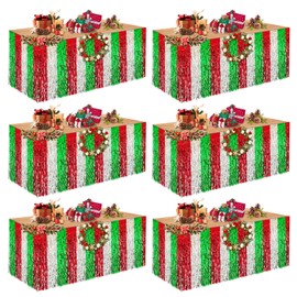 6 Pack Christmas Table Skirt Christmas Party Decorations, Red Silver and Green Wavy Metallic Tinsel Foil Fringe Table Skirt for Rectangle & Round Tables, Xmas Table Decorations for Ugly Sweater Party