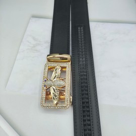 Lyqqine Men's Leather Belt Bee Buckle Cowhide Pants With Ratchet Belt for Men(Black + Gold Buckle)