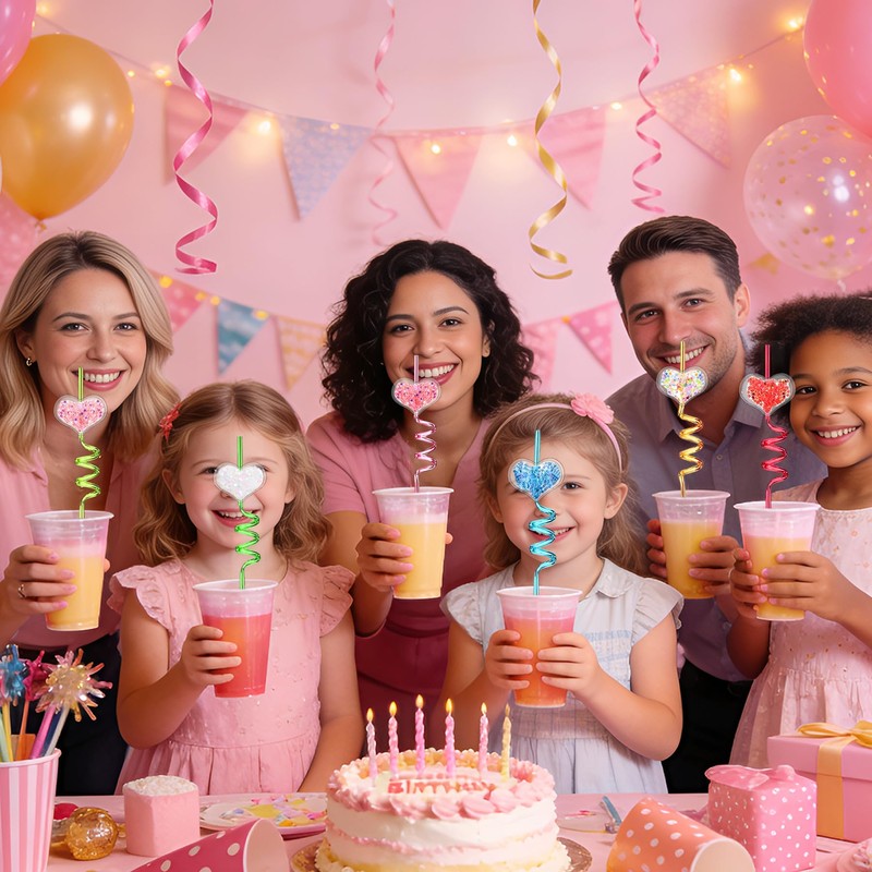 24 Reusable Glitter Heart Drinking Straws,Bachelorette Children's Day Decor