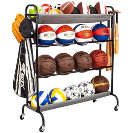 Sttoraboks Basketball Rack, 4-Layer Ball Rack Rolling Balls Organizer with Baseball Bat Holder & Hooks Sport Equipment Storage Cart with Wheels for Football, Volleyball, Soccer