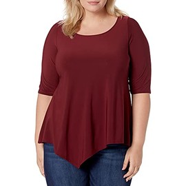 Star Vixen Women's Plus-Size 3/4 Sleeve Hanky Hem Stretch Tunic Top, Burgundy, 2X