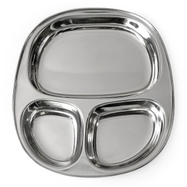 WhopperIndia Stainless Steel Three Compartment Oval Plate, Thali, Mess Tray, Dinner Plate Set of 6 pcs (11 inch)