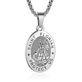 Yaumatea St. Florian Necklace, Patron Saint of Firefighters, Protection Medal, Catholic Gift, Stainless Steel 24" Chain (Silver)