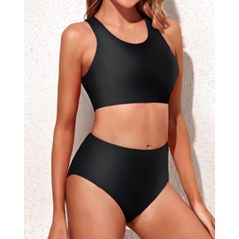 Tempt Me Women Two Piece Black High Waisted Bikini Set Sporty Swimsuits Bathing Suit with Bottom for Teen Girls L